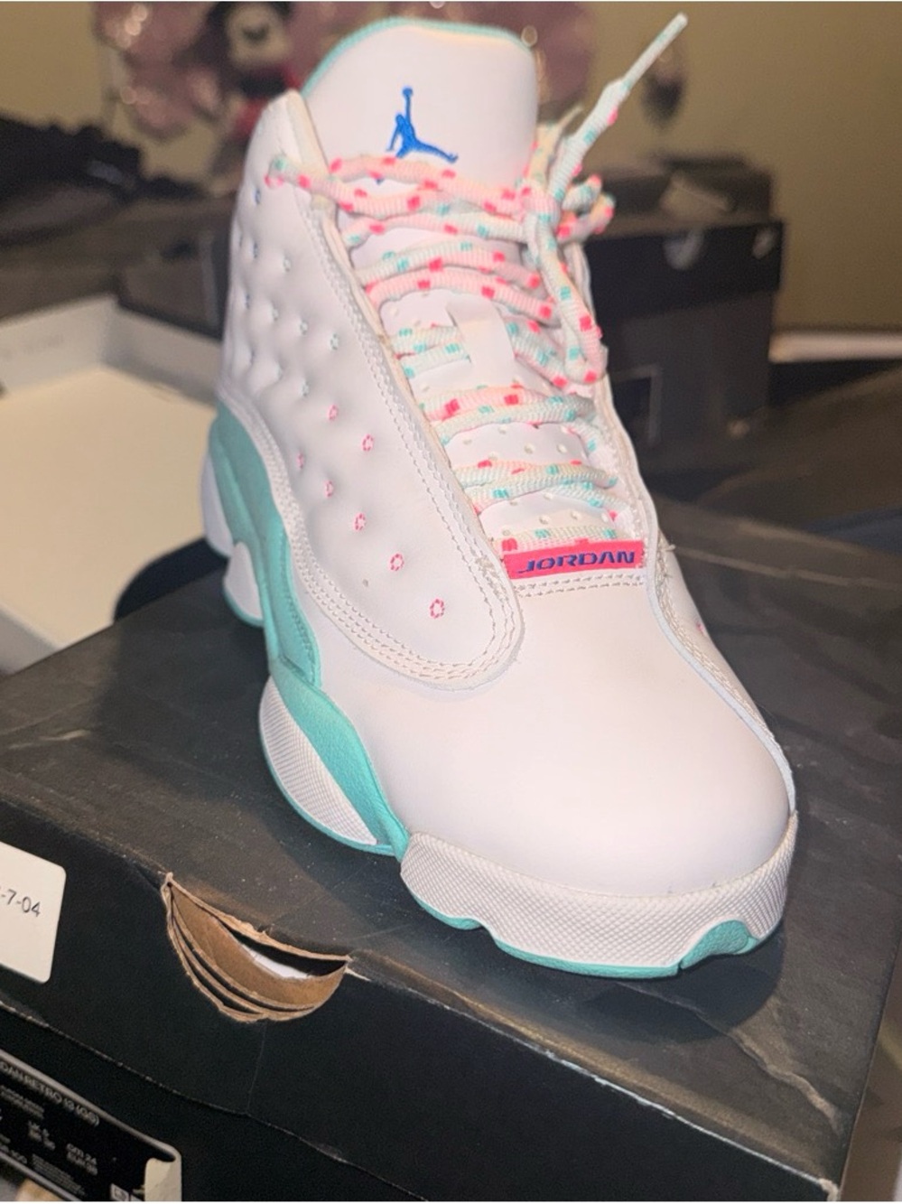 NWT, Air Jordan Retro Low-Top Sneakers in White with Teal & Pink Accents